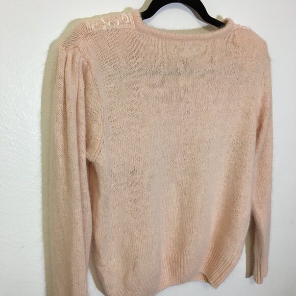 Vintage 80s Angora Blend Sweater Deep V Lace Grannycore Grandma Coquette (T6) - Picture 12 of 13